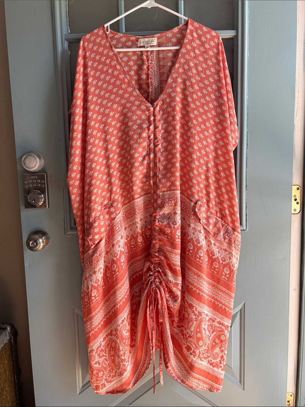 Kantha Bae Boho Paisley Bowie Muu Dress Kimono Full Length Coral Cream Free Size